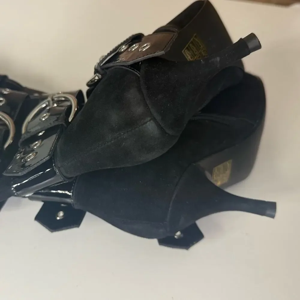 Jeffrey Campbell Seatbelt Black Suede Black Patent Buckle Heel Boots